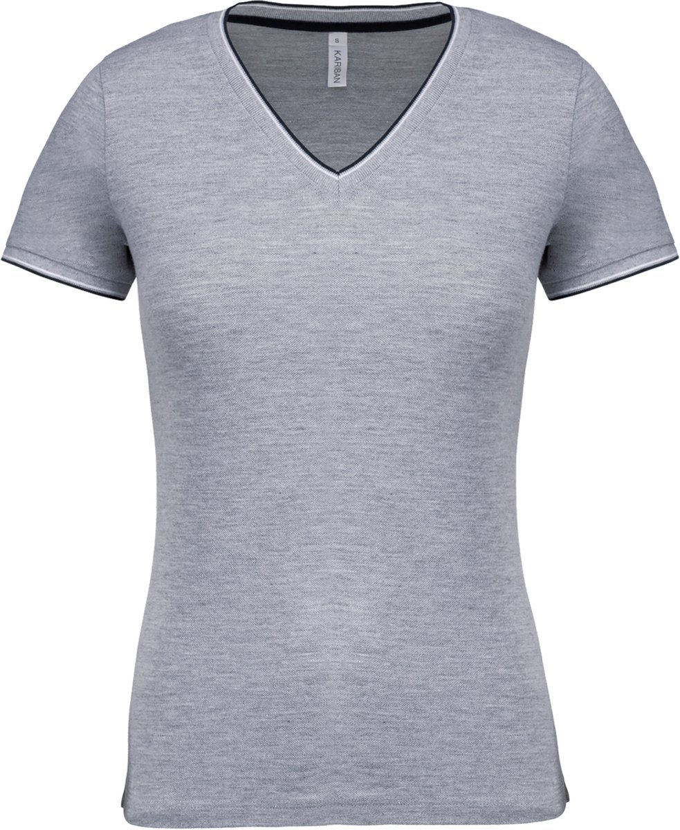 Kariban Dames-t-shirt piqué V-hals K394 - Oxford Grey / Navy / White - S