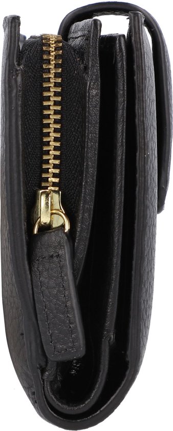 Portefeuille noir avec fermeture éclair dorée et languette en cuir sur le côté.