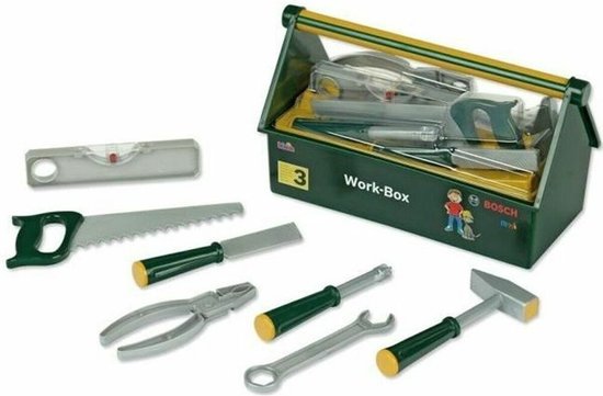Boîte à outils verte avec outils : scie à manche vert, niveau, marteau, clé, pince, ciseau et tournevis.