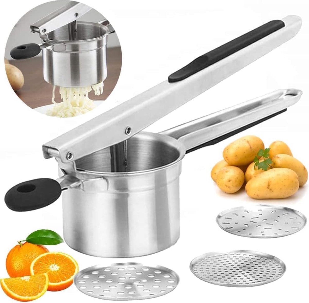 Aardappelpers spätzlepers aardappelstamper met 3 verwisselbare zeefjes vaatwasmachinebestendig voor pluizige aardappelpuree babyvoeding lattzlepers roestvrij staal sapcentrifuge