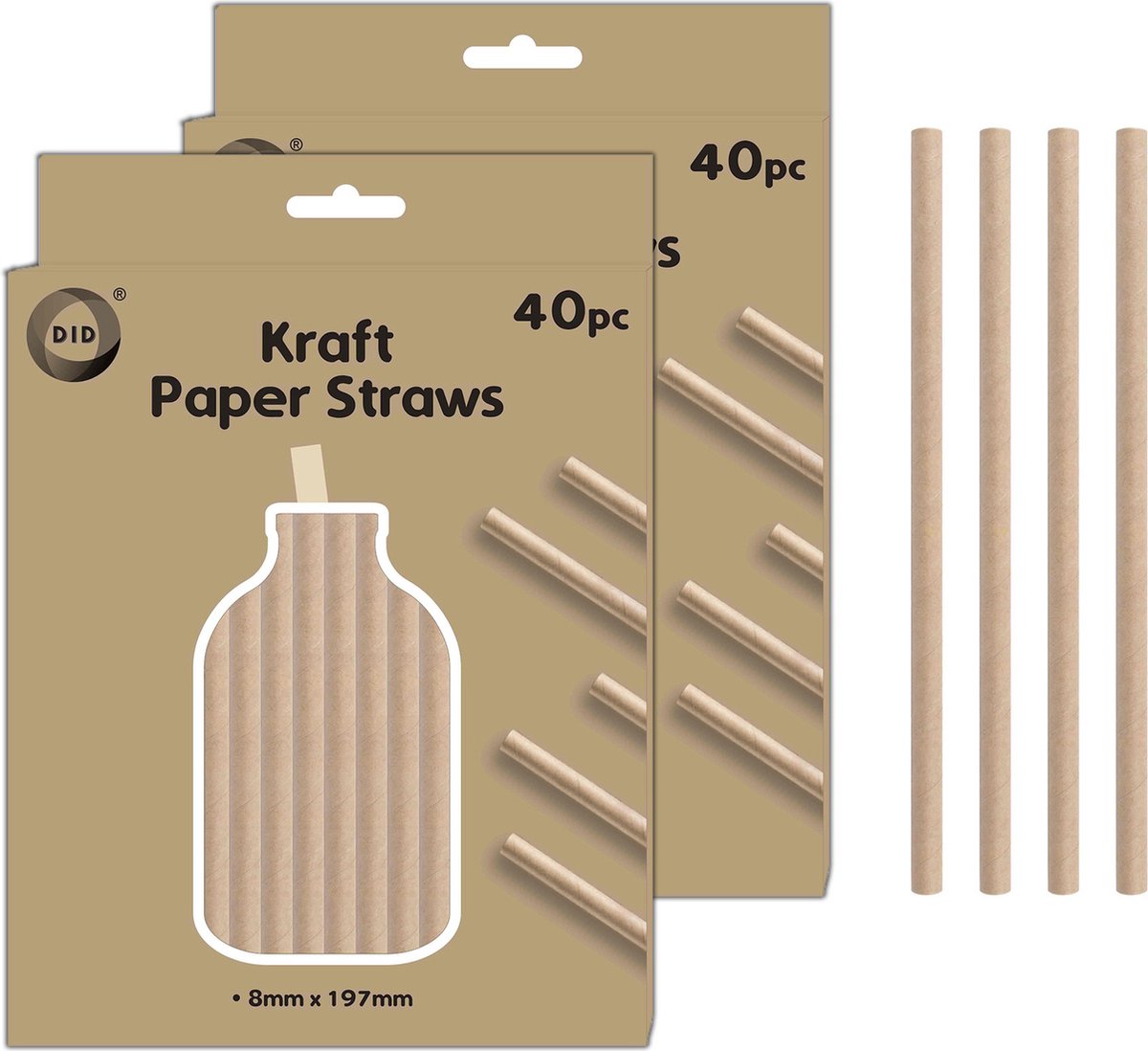 DID Kraftpapier rietjes - 80x stuks - naturel - 20cm x 0.8cm - drinkrietjes - wegwerprietjes