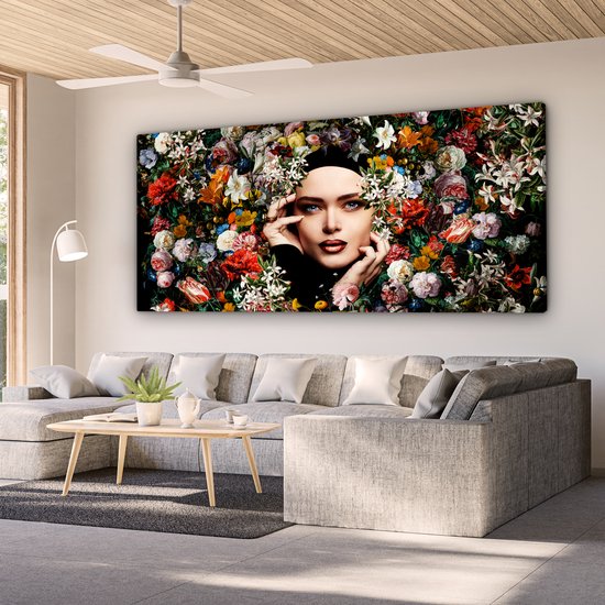 Canvas schilderij - Bloemen - Vrouw - Botanisch - Regenboog - Wanddecoratie woonkamer - 160x80 cm - Canvas doek - Foto op canvas - Kamer decoratie - Slaapkamer