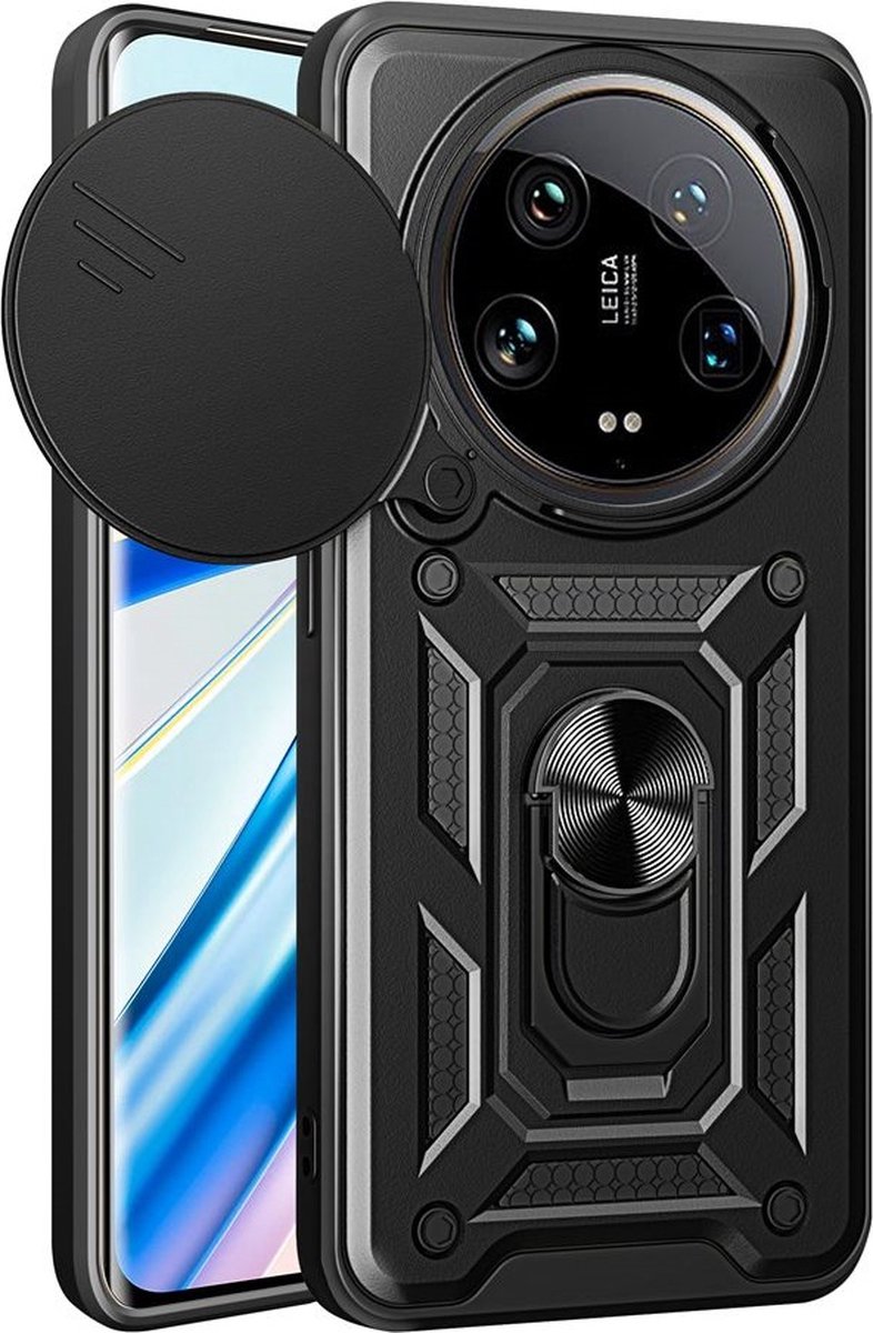 MobyDefend Hoesje - Geschikt voor Xiaomi 14 Ultra - Pantsercase Met Draaibare Ring - Zwart