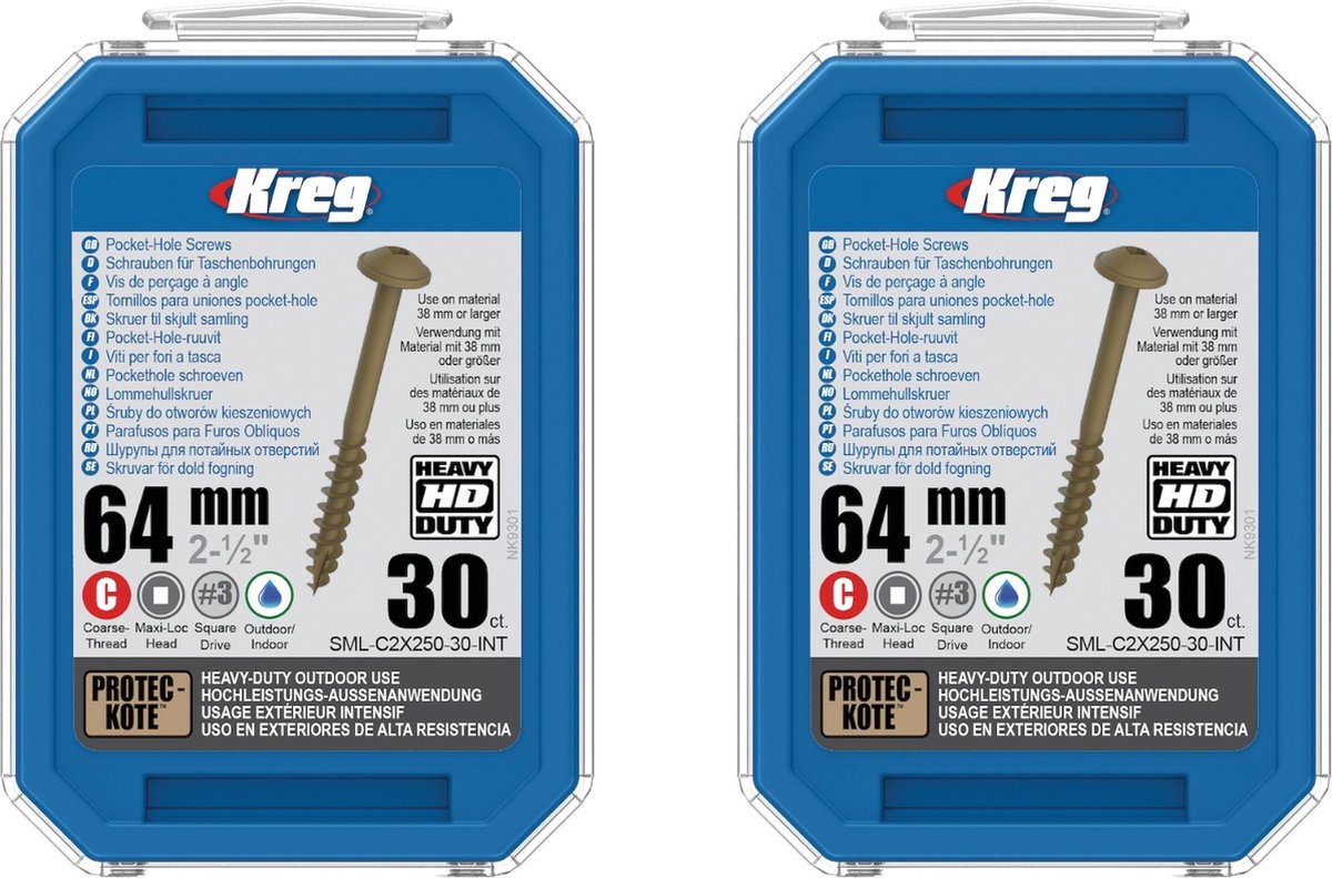 Kreg 2x HD Protec-Kote Maxi-Loc zakgatschroeven 64 mm ( 2x SML-C2X250-30-INT ) grove schroefdraad 60 stuks