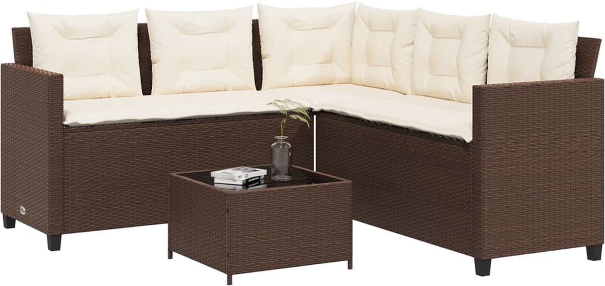 vidaXL - Tuinbank - met - tafel - en - kussens - L-vormig - poly - rattan - bruin