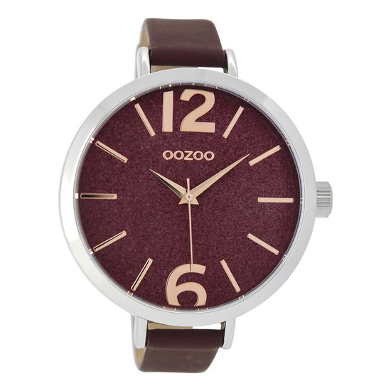 OOZOO Timepieces - Zilverkleurige horloge met bordeaux rode leren band - C9193