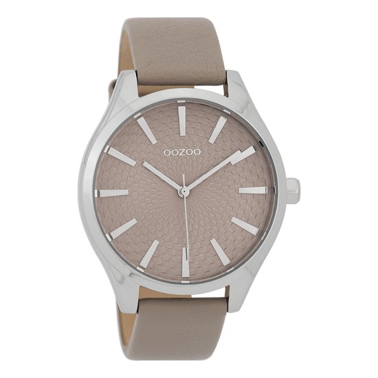 OOZOO Timepieces - Zilverkleurige horloge met taupe leren band - C9687