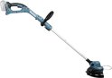 Turquoise Makita grastrimmer met een gebogen handgreep en aluminium schacht.