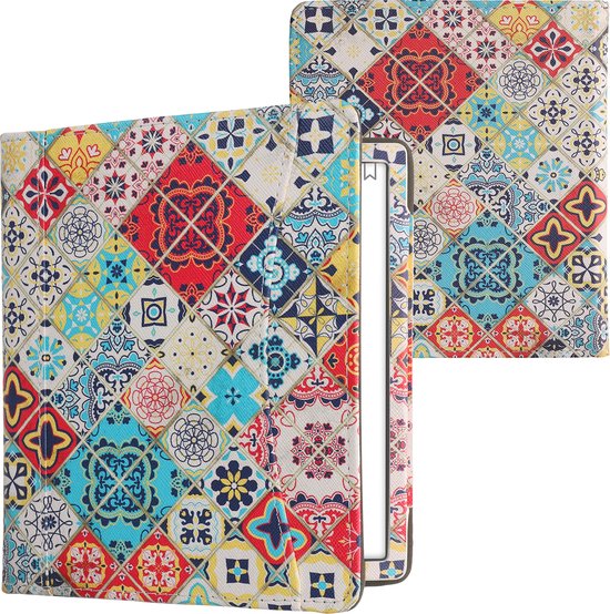 kwmobile flip cover geschikt voor Onyx Boox Leaf 2 - Hoes met handgreep en voorvak voor e-reader - Book case in meerkleurig / bruin - Oriëntaalse Tegels design van kwmobile — afbeelding 5
