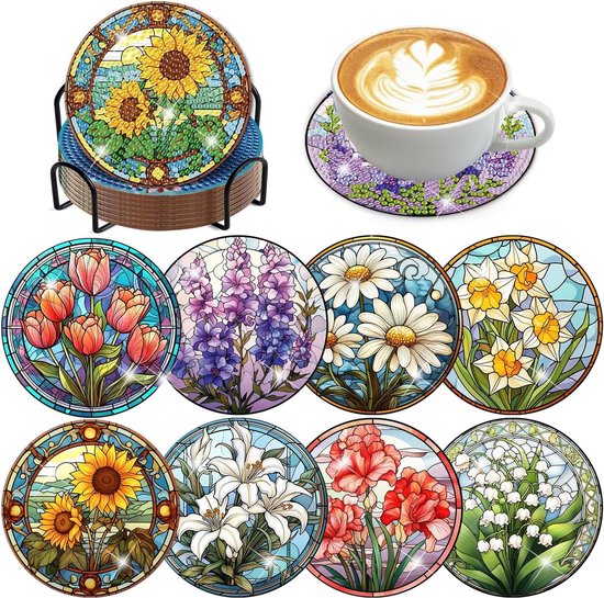 Foto: Botc diamond painting onderzetters met houder set van 8 pakket volwassenen en kinderen cadeau