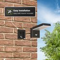 Zwarte wandlamp met sensor, met de tekst 'Easy installation' en muurbevestiging.