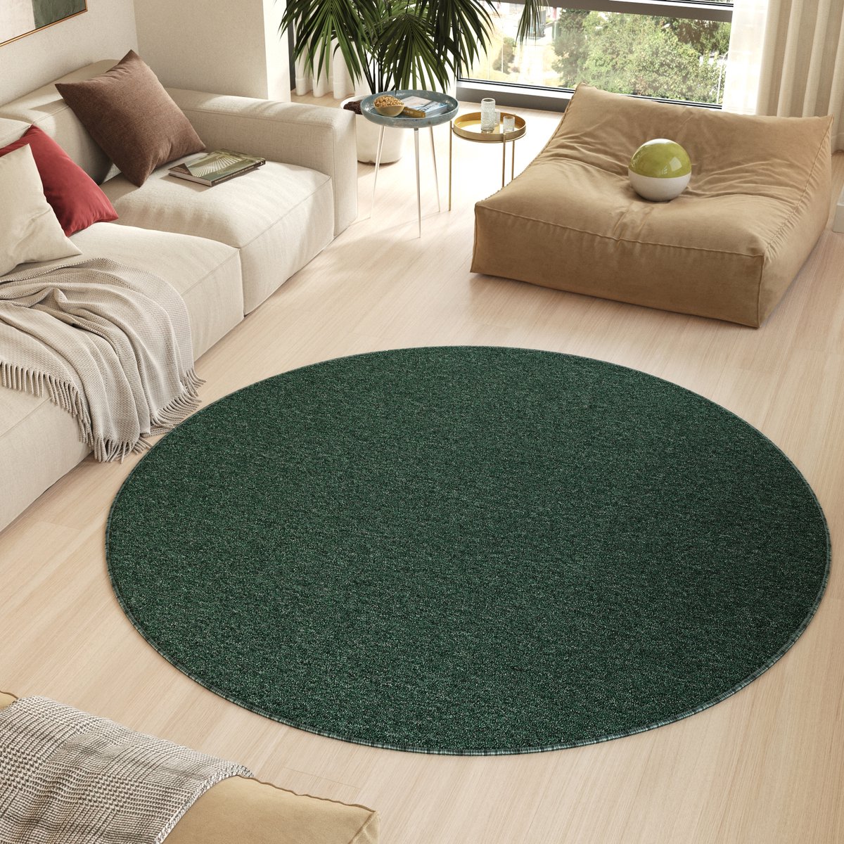 Tapiso Nizza Rond Vloerkleed Groen Antislip Waasbaar Laagpolig Tapijt Kleed Maat- 80x80