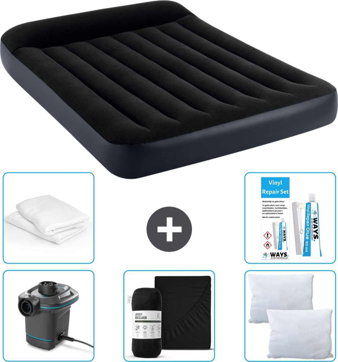 Intex Luchtbedset - Twijfelaar - 137 x 191 x 25 cm - Blauw + Intex Elektrische Pomp - 650 Liter/min + Hoeslaken Zwart + Kussen + Molton 2 in 1 Kussenslopen + Reparatieset