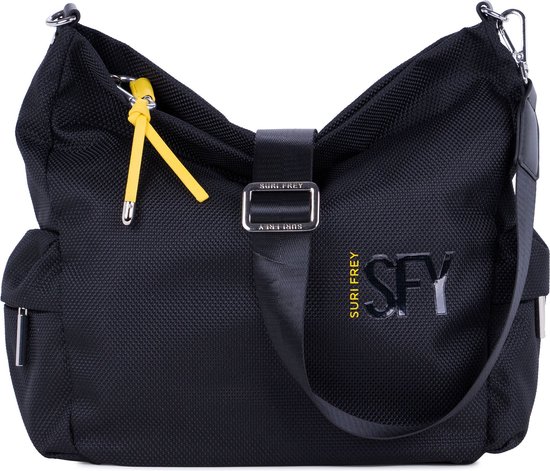 Zwarte schoudertas met gele hanger, gesp en 'SURI FREY SFY' logo.