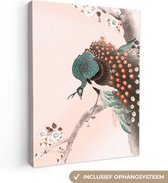 Toile Peinture Vintage - Paon - Japonais - Plumes de Paon - 90x120 cm - Décoration murale