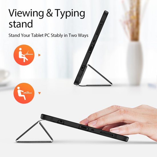Zwarte tablethoes met standaard in twee standen: zittend en liggend. "Viewing & Typing stand".