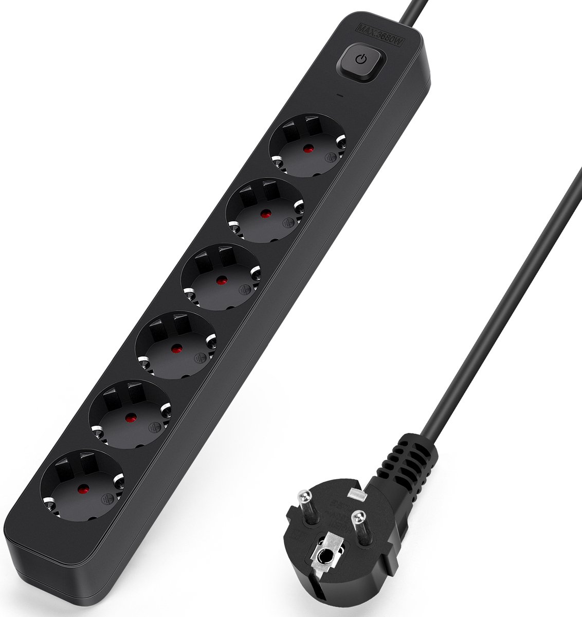 Aigostar 20BY3 - 6-Voudige Stekkerdoos - Stekkerdoos met Schakelaar - Randaarde Stekker - 1.5 M Verlengsnoer – max. 3680W - Zwart
