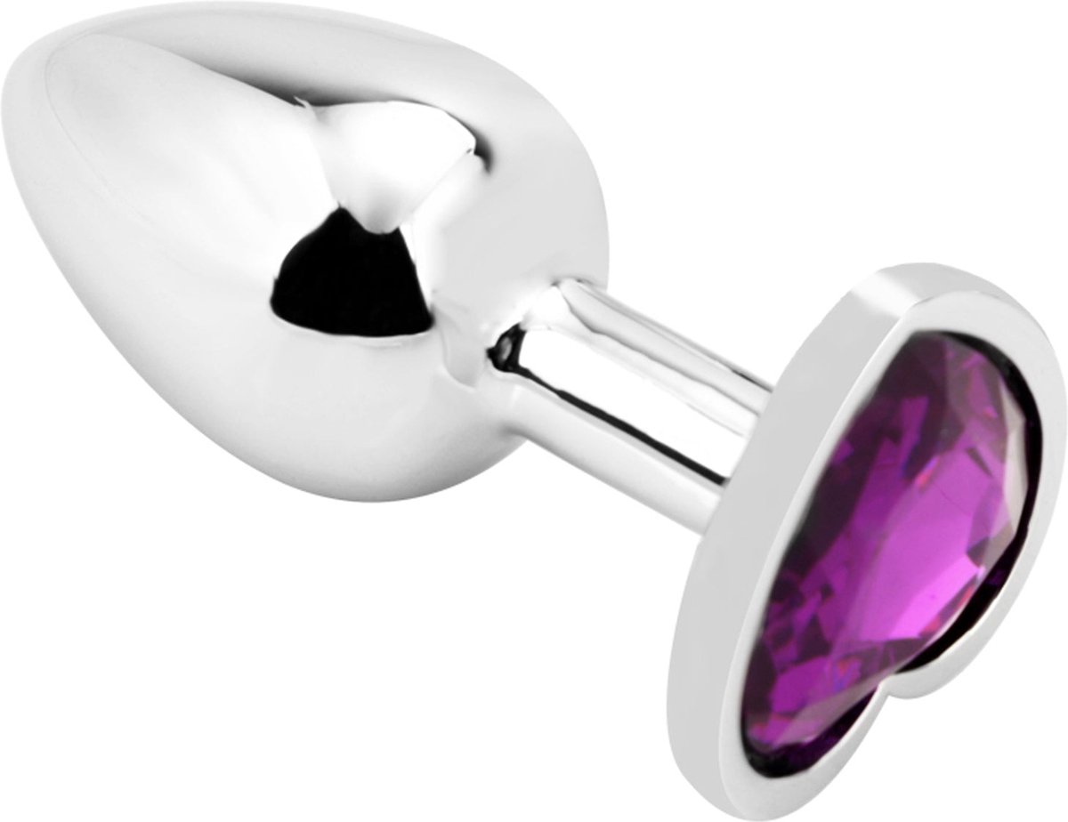 PLGZ - Hartvormige Metalen Buttplug - Zilver - Paarse Siersteen - Verkrijgbaar in 3 maten Small