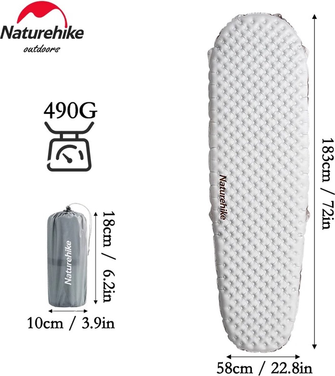 Kibus Ultralicht Luchtbed - 1-Persoons - Mummy - 490gram - Incl. Luchtzak - Kampeer, Camping, Wandelen, Trekking - Matras - Naturehike - 183x58x7cm - Luchtbedden