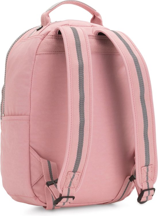 Arrière d'un sac à dos rose avec des bretelles réglables en tissu à rayures grises.