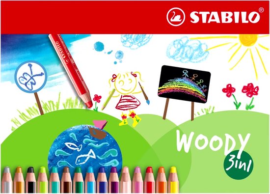 STABILO woody 3 in 1 - Multi Talent Kleurpotloden - Etui Met 6 Kleuren + puntenslijper