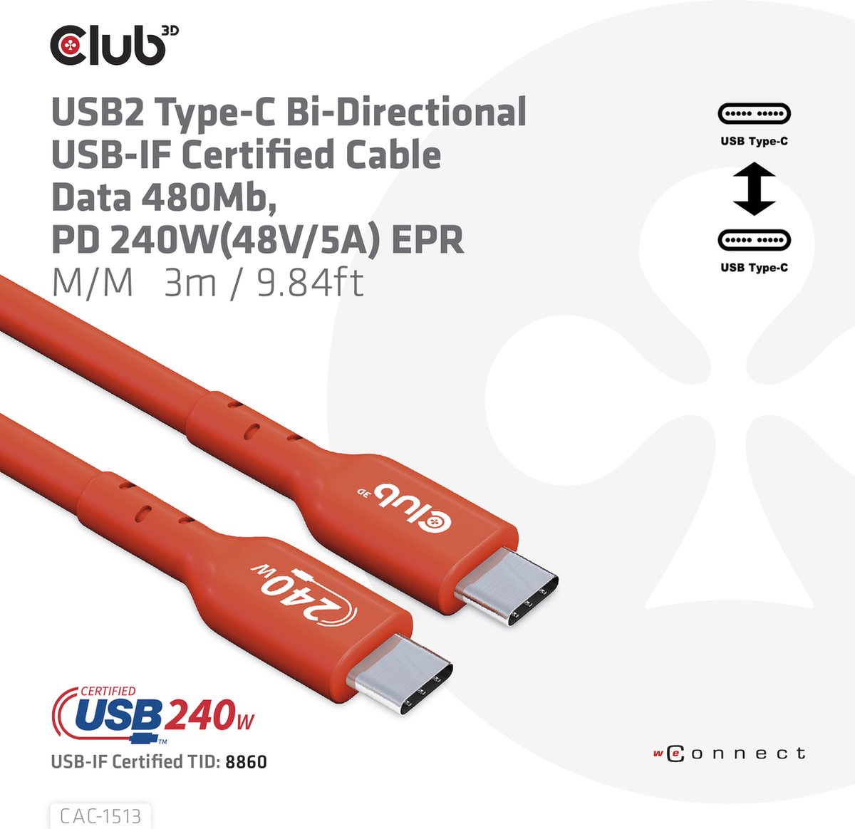Club 3D USB-C® USB-IF Certified Kabel, Data 480Mb, PD 240W(48V/5A) EPR M/M 3m/9.84ft