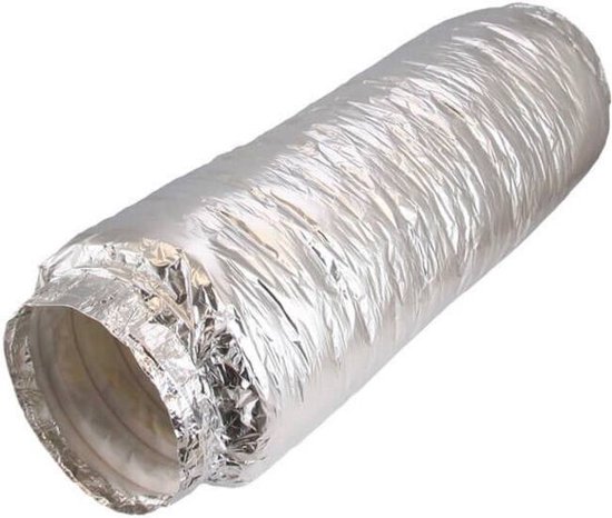 Gedetailleerde, flexibele ventilatiebuis met een gerimpelde zilverkleurige buitenmantel.