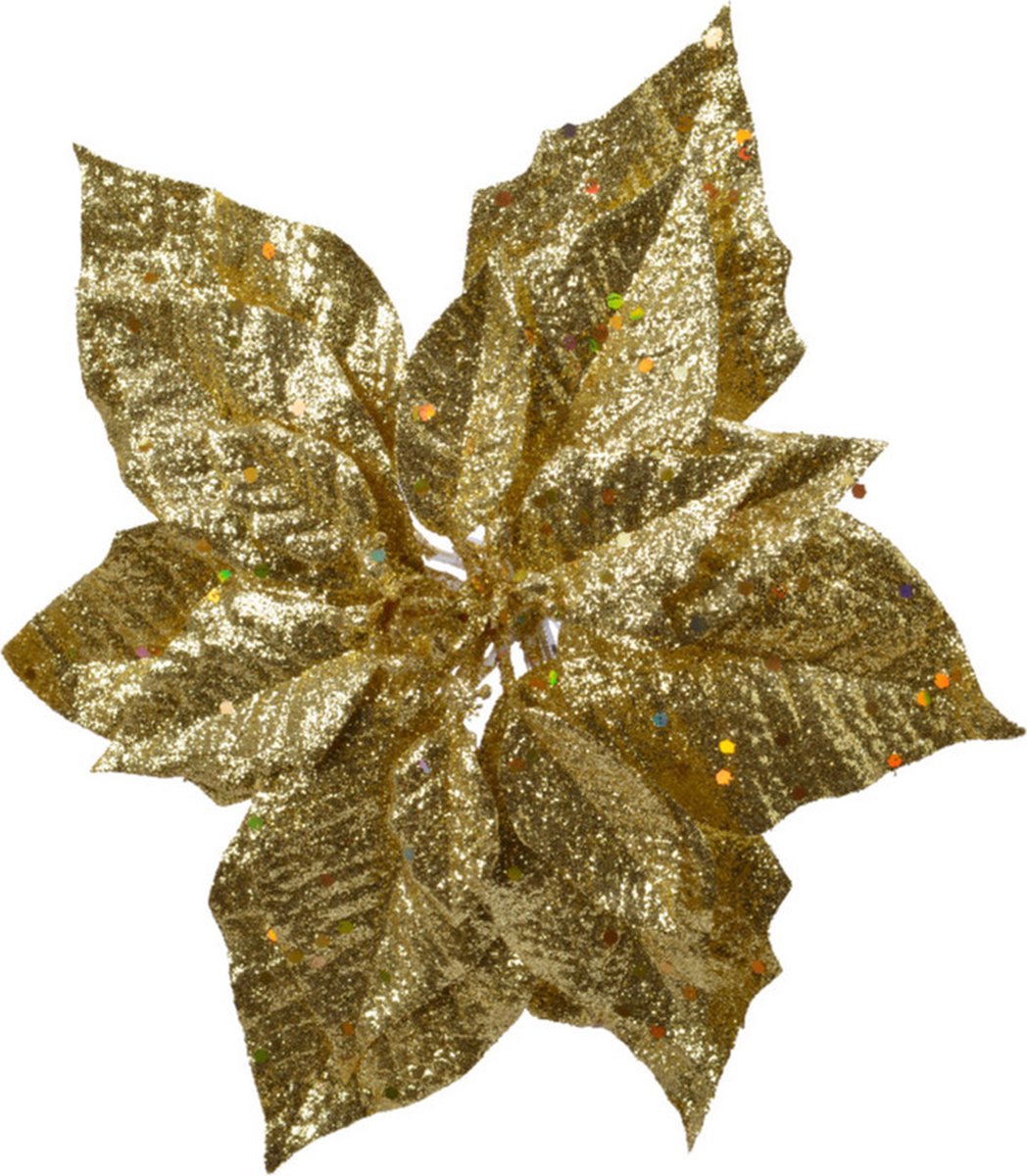1x stuks decoratie bloemen kerststerren goud glitter op clip 23 cm - Decoratiebloemen/kerstboomversiering