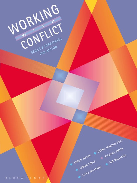 Boekomslag 'Working with Conflict' met abstract geometrisch patroon in rode, oranje en paarse tinten. Titel en auteursnamen zichtbaar.