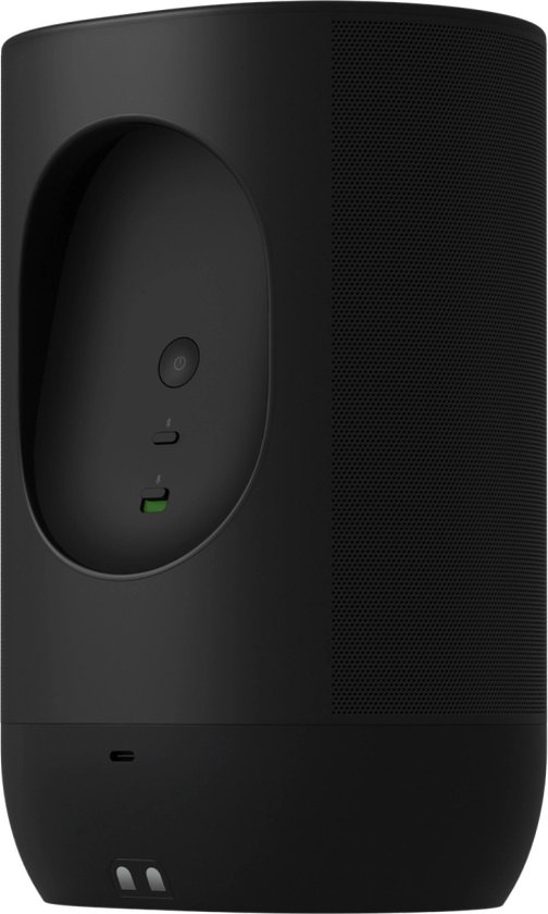 Zwarte Sonos Move speaker, achterkant met ergonomische handgreep en oplaadpoort.