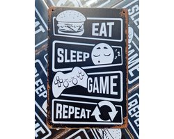 Eat Sleep Game Repeat | metalen wandbord | 20x30cm | Gamer | Gameroom | wanddecoratie | huis, tuin, schutting en terras | voor binnen en buiten