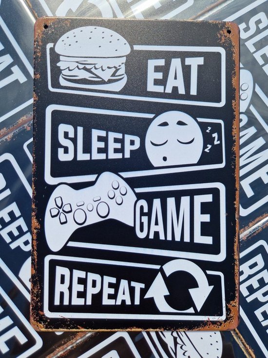 Eat Sleep Game Repeat | metalen wandbord | 20x30cm | Gamer | Gameroom | wanddecoratie | huis, tuin, schutting en terras | voor binnen en buiten