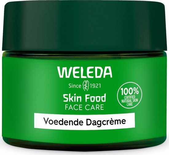 WELEDA Skin Food Face Care Voedende Dagcrème pot met groene deksel en etiket.