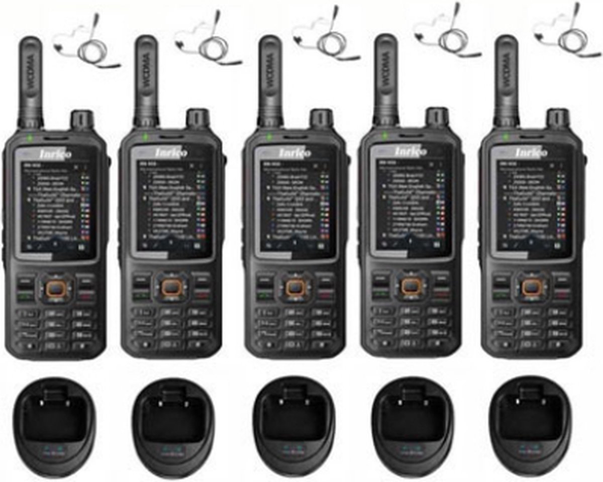 Set van 5 Inrico T320 V2 4G LTE Zello Portofoon, GPS, Wifi met tafellader en beveiliging oortje