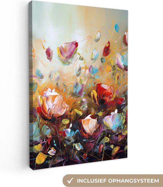 Een abstract olieverfschilderij van bloemen met levendige kleuren, met een indicatie "Inclusief ophangsysteem".