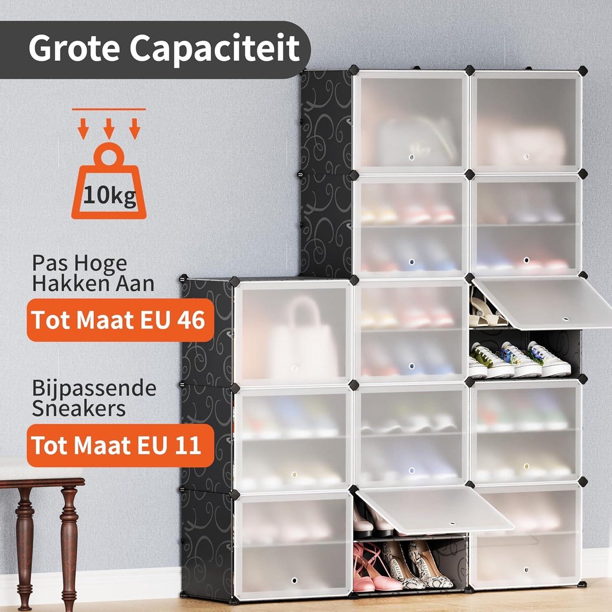Opbergkast voor schoenen - 2 x 8 niveaus - modulaire kubus - ruimtebesparend - hal slaapkamer entree - schoenen kleding