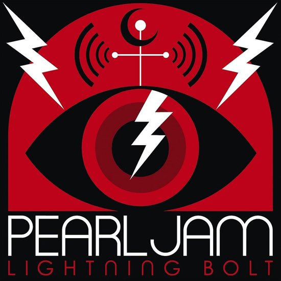 Artwork van de Pearl Jam 'Lightning Bolt' LP: een rood-zwart oog met bliksemschichten, symbolen en de tekst PEARL JAM LIGHTNING BOLT.