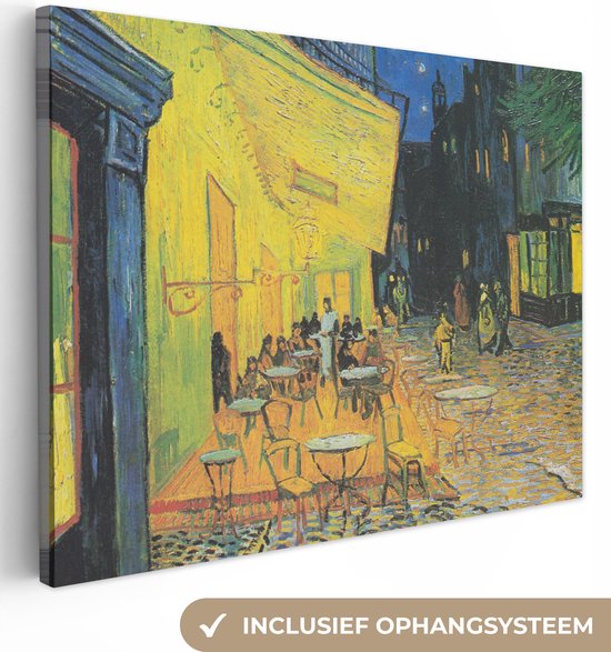 Een schilderij van een caféterras 's avonds, met een gele muur, tafels en parasols, inclusief ophangsysteem.