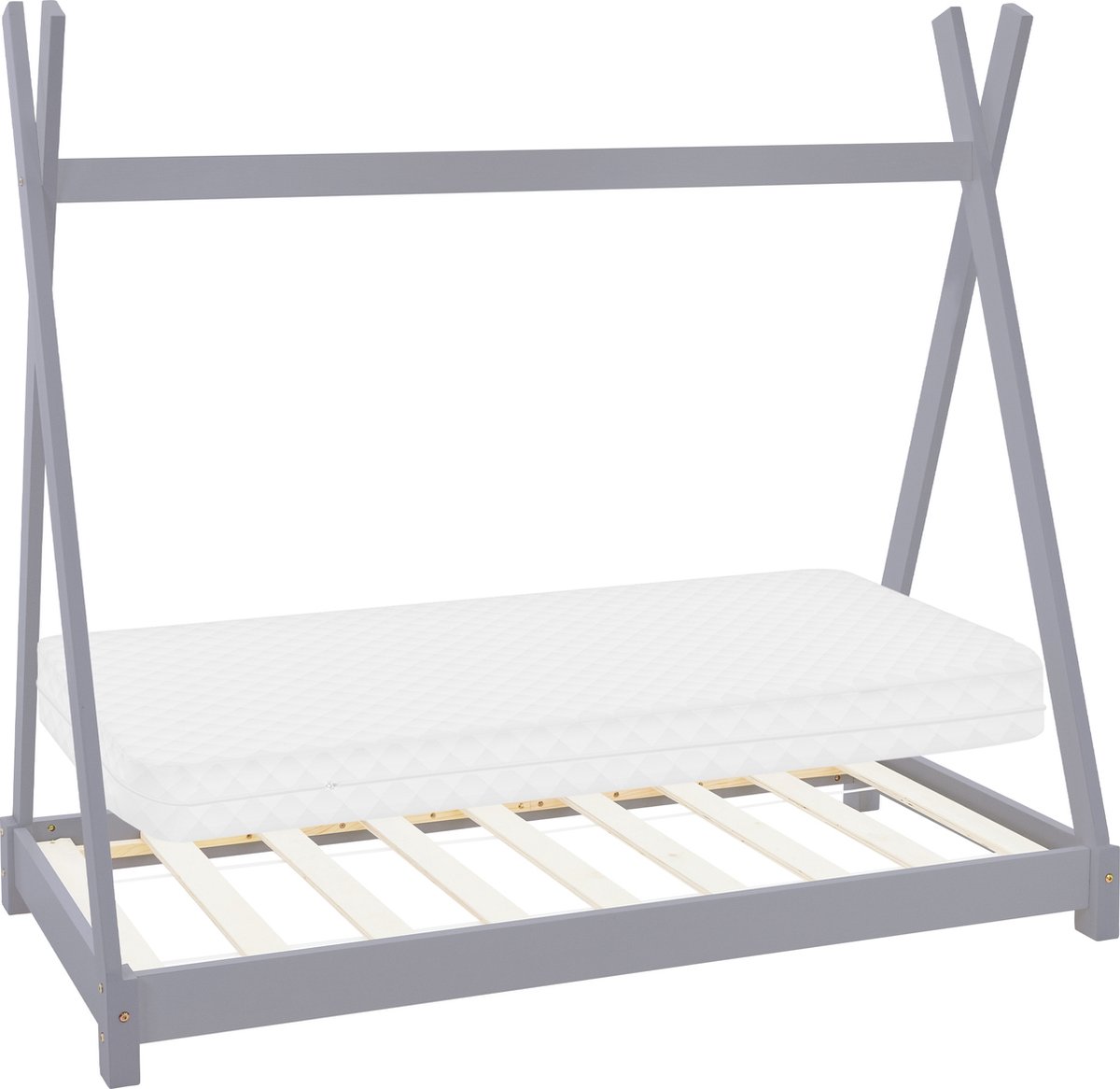 ml-design tipi serie kinderbed 70x140 cm lichtgrijs met koudschuimmatras lattenbodem en valbeveiliging massief grenenhout huisbed met hek junior bed in tentvorm speelbed voor meisjes en jongens houten kinderhuis vloerbed met stevig bedframe