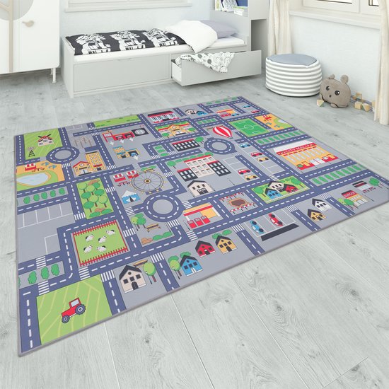 Paco Home Tapis Enfant Chambre d'enfant Grijs Tapis Enfant Tapis de Jeu Rues Filles Garçons 80x150 cm