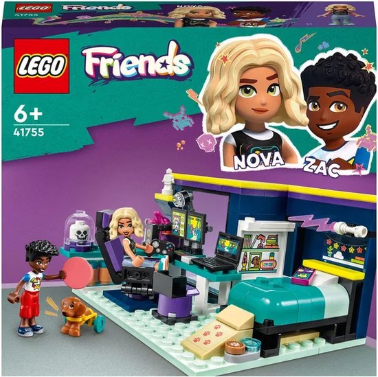 LEGO Friends Nova's kamer: Nova en Zac met minipoppetjes, hond, computer, bed en speelgoed.