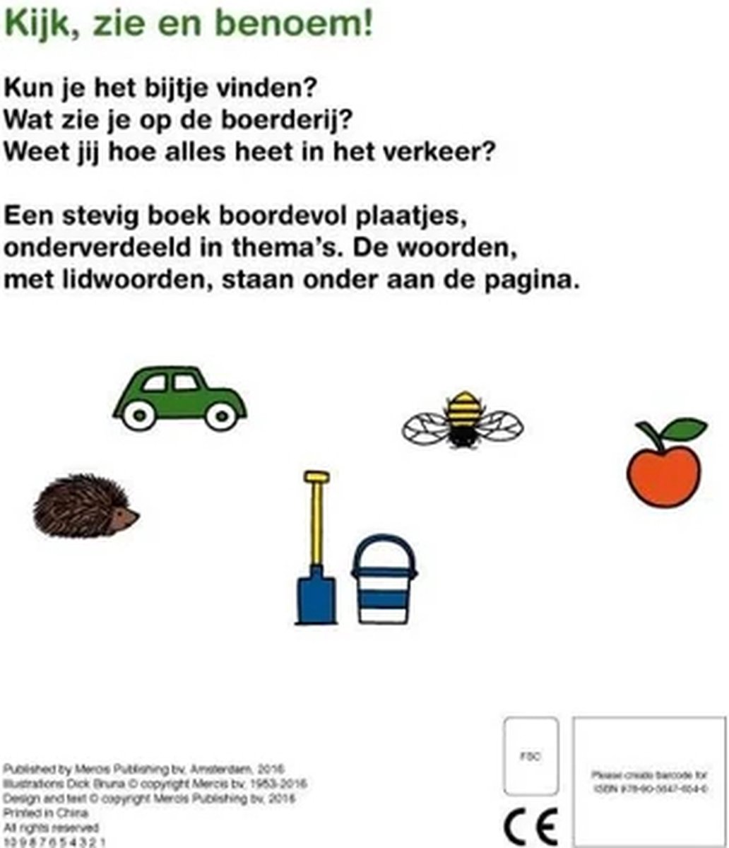 Een boek met een auto, egel, bij, schep, emmer en appel.