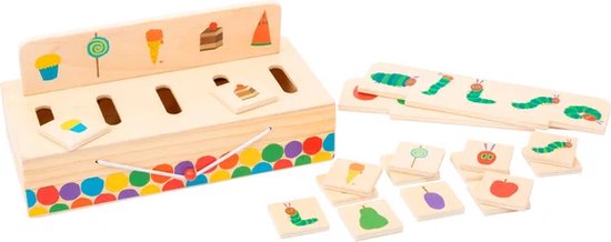 Houten sorteerbox met afbeeldingen van het Rupsje Nooitgenoeg, fruit, en lekkernijen. Inclusief sorteerkaarten.