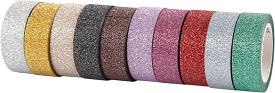 Rij van tien rollen glinsterende masking tape in de kleuren zilver, goud, beige, zwart, bruin, paars, roze, rood, lichtblauw en groen.