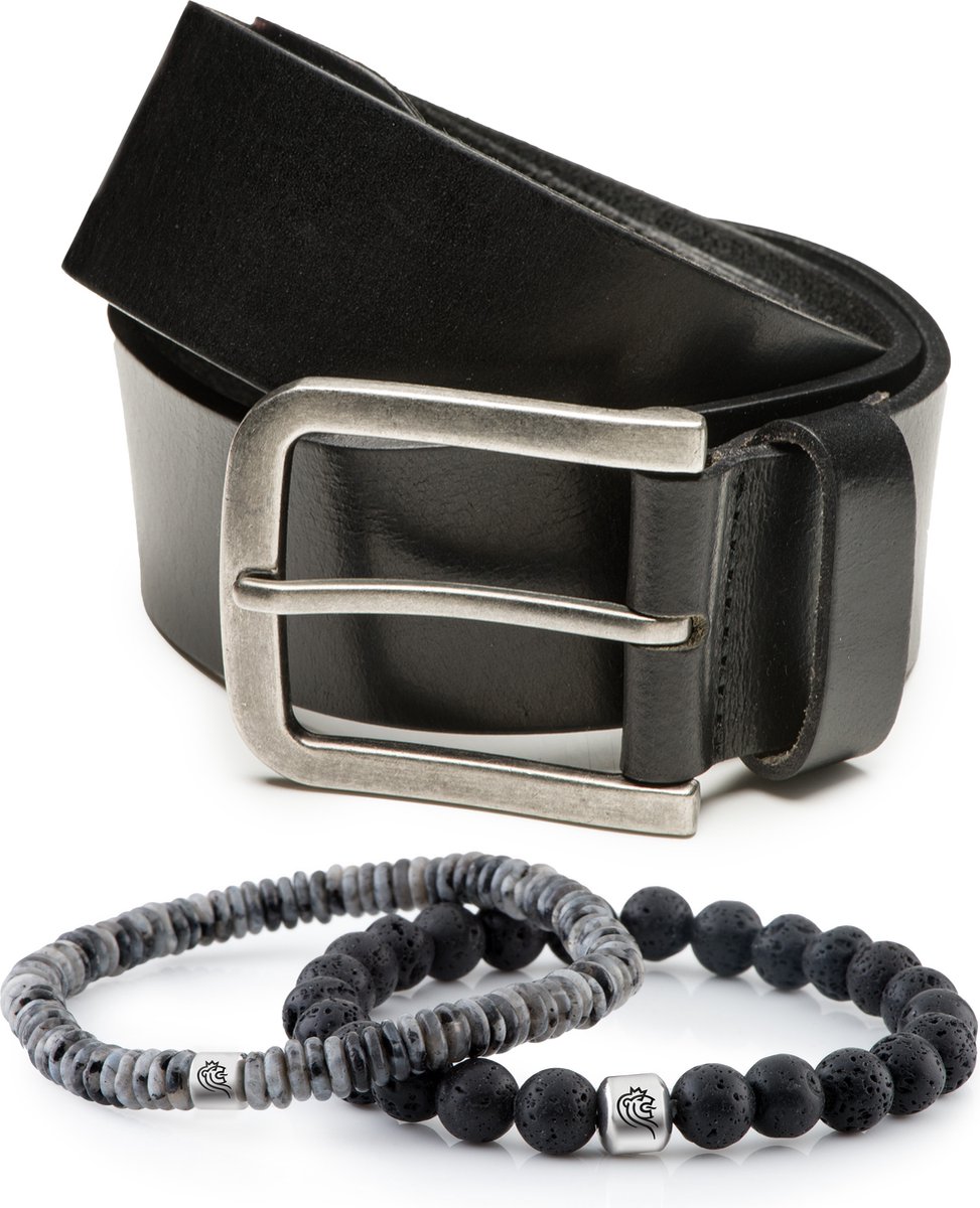DTCH.FIT Kralen armband Chase Black one size & Leren riem Mason Zwart - 4cm breed - 105cm - Totale lengte 120cm