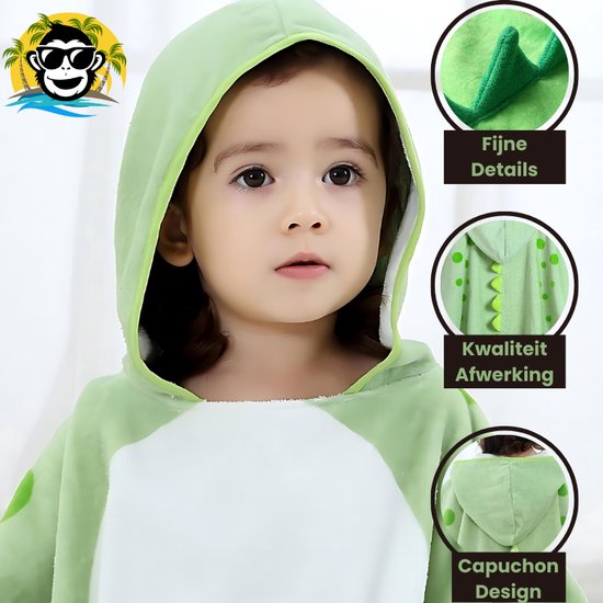 BoefieBoef Dinosaurus Bio Katoen Baby & Kinder Badponcho met Capuchon - Dieren Design - Badcape 1-7 Jaar - Peuter Strandponcho & Kleuter Zwemponcho - Absorberend & Sneldrogend - Handdoek - Kraamcadeau - jongens - meisjes - Sinterklaas - kerst - Groen van Merkloos — afbeelding 2