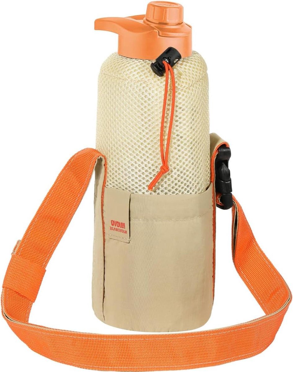 Draagbare waterfleshouder - 1000 ml universele flessentas van polyester - waterfles met trekkoord en verstelbare schouderriem - voor wandelen, kamperen, hardlopen - oranje/grijs bottle bag