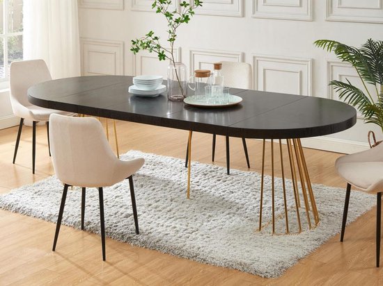 Uitschuifbare eettafel 2 tot 12 plaatsen van mdf en staal - Zwart en goud - FIRELA L 260 cm x H 76 cm x D 110 cm