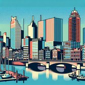 Pop art rotterdam schilderij | Rotterdamse stadsiconen verwerkt in moderne popart-interpretatie op doek | Kunst - 30x30 centimeter op Dibond | Foto op Dibond
