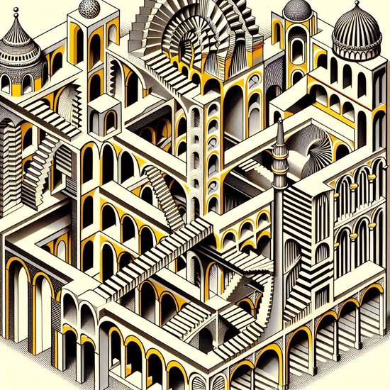 Modern escher schilderij | The Infinite Illusion of Contemporary Geometric Escher Masterpiece | Kunst - 60x60 centimeter op Canvas | Foto op Canvas